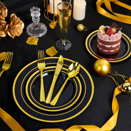 BESTVIP 200PCS Gold Plastic Plate, Disposable Party Plates with 100 Dinner Plates and 100 Dessert Plates, Plastic Plates for Party, Wedding and Birthday