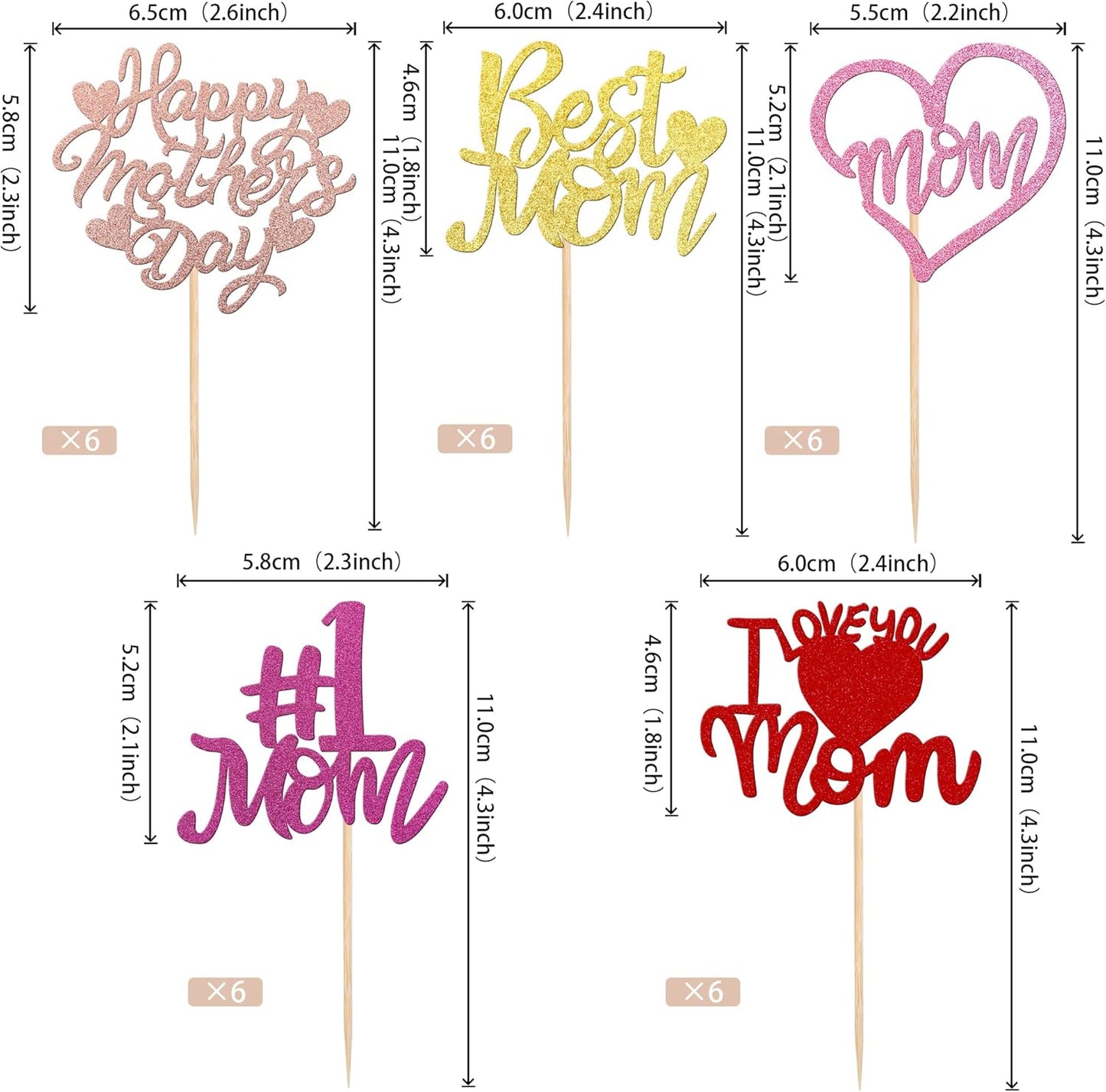 24 PCS Happy Mother's Day Cupcake Toppers with Glitter Heart Love Mother Best Mom Cupcake Picks for Happy Mother's Day Theme Women Birthday Party Cake Decorations Supplies Rose Gold