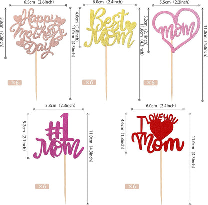 24 PCS Happy Mother's Day Cupcake Toppers with Glitter Heart Love Mother Best Mom Cupcake Picks for Happy Mother's Day Theme Women Birthday Party Cake Decorations Supplies Rose Gold