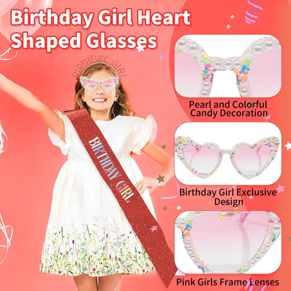 3Pcs Birthday Girl Sash Headband Set-Birthday Sash Tiara and Crown Sunglasses for Girls Women