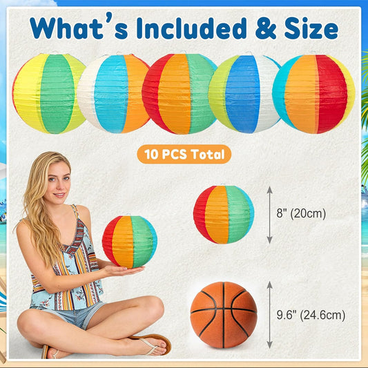 Beach Ball Paper Lanterns 10 Pcs - 8" Colorful Summer Hanging Decorations for Pool Party, Beach Birthday Party, Classroom & Office Decor