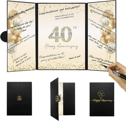 DARUNAXY Black Gold Happy Anniversary Party Decorations, Happy Anniversary Alternative Signature Guest Book Wedding 1st 10th 40th 50th Anniversary Signing Card Board Party Supplies