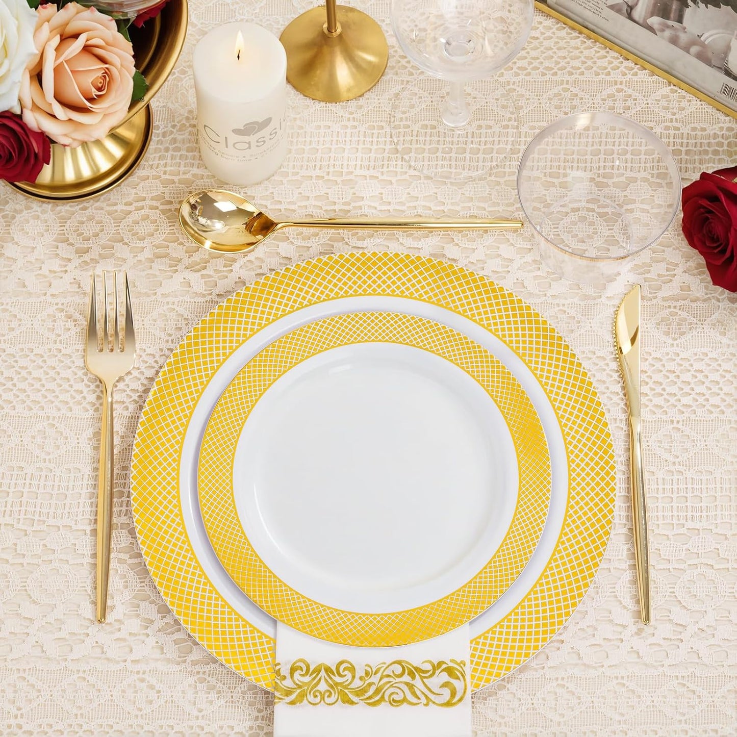 I00000 102 Pieces Gold Plastic Plates, Disposable Party Plates White Gold Rim, 51 Disposable Gold Dinner Plates 10.25 Inch and 51 Disposable Dessert Appetizer Elegant Fancy Wedding Plates 7.5 Inch