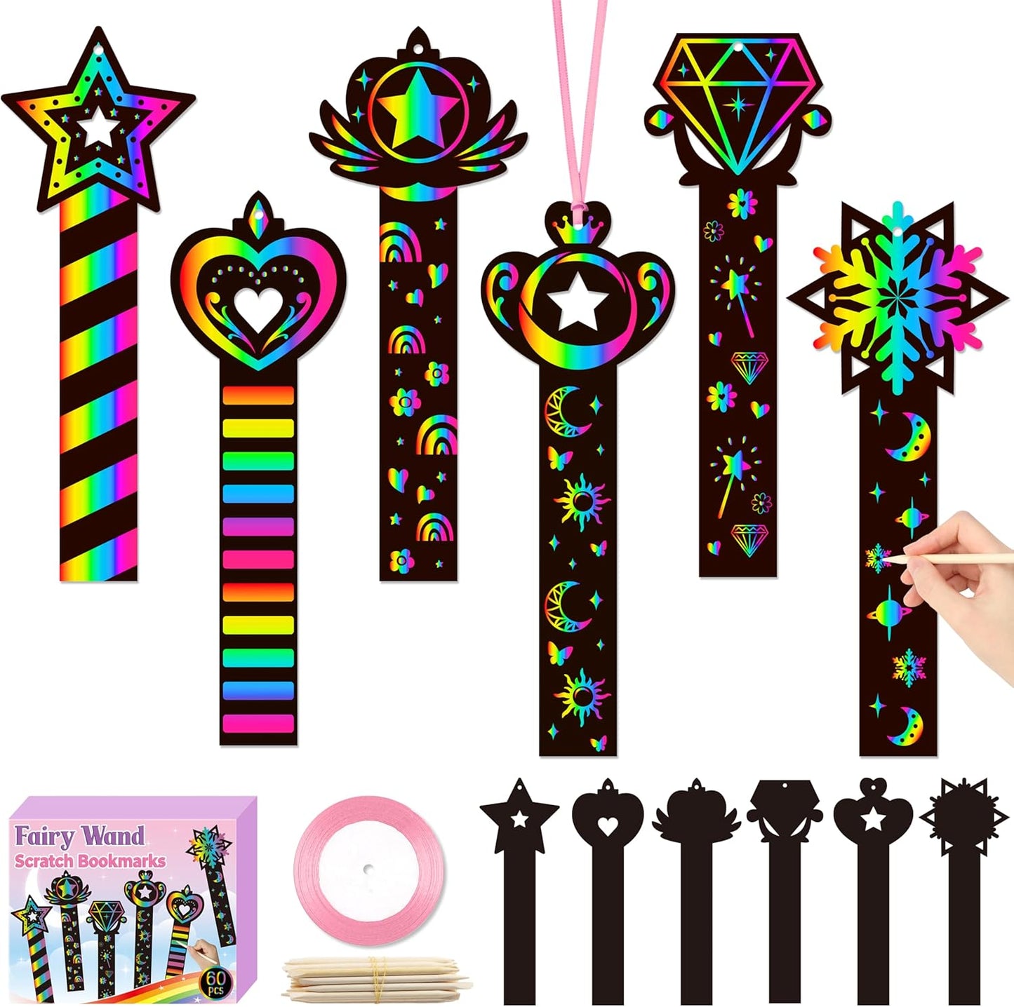 CY2SIDE 60PCS Princess Fairy Wand Scratch Bookmarks for Girls, Make Your Own Fairy Stick Scratch Paper Magic Wands Bookmark, DIY Princess Stick Rainbow Crafts Ornaments for Kids Birthday Party