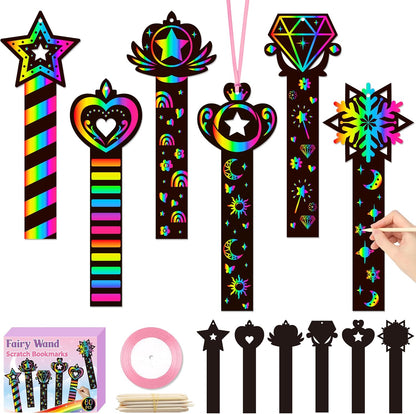CY2SIDE 60PCS Princess Fairy Wand Scratch Bookmarks for Girls, Make Your Own Fairy Stick Scratch Paper Magic Wands Bookmark, DIY Princess Stick Rainbow Crafts Ornaments for Kids Birthday Party