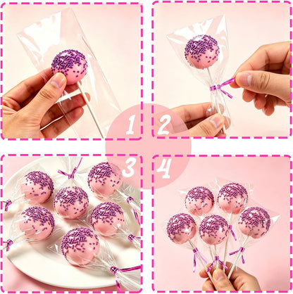 Basquei Cake Pop Sticks 6 Inches, Cake Pop Bags (3.9"X4.7"), Pink Metallic Twist Ties, 300 Pcs Cake Pop Kit Used for, Lollipops Cake, Candies, Chocolates Making Tools