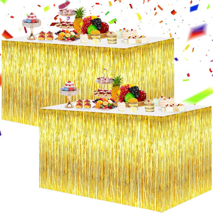 BEISHIDA 2 Pack Metallic Tinsel Foil Fringe Table Skirts for Rectangle & Round Tables Hot Pink Kids' Birthday, Holiday Cartoon Party Decorations for Birthday Valentines Baby Shower Festive Events