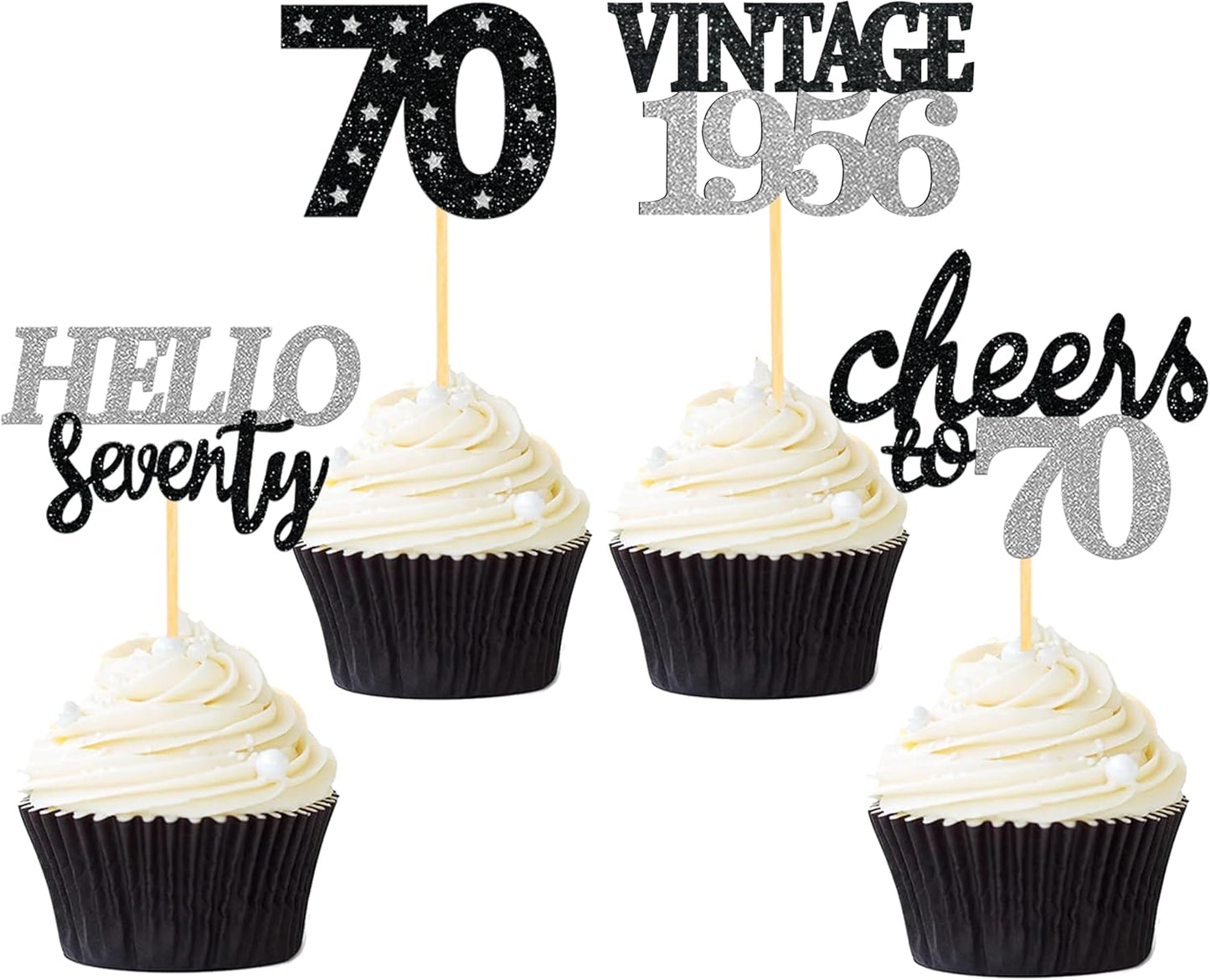 24 Pcs Glitter 70th Birthday Cupcake Toppers for Celebrating 70th Birthday Party Decorations for Seventy Years Old Birthday Party Supplies (Rose Gold2)