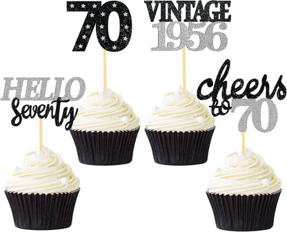24 Pcs Glitter 70th Birthday Cupcake Toppers for Celebrating 70th Birthday Party Decorations for Seventy Years Old Birthday Party Supplies (Rose Gold2)