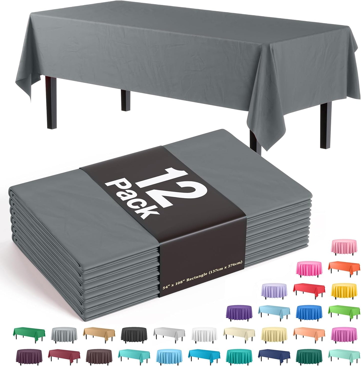 12-Pack Premium Plastic Tablecloth 54in. x 108in. Rectangle Table Cover - Dark Blue - Colors A