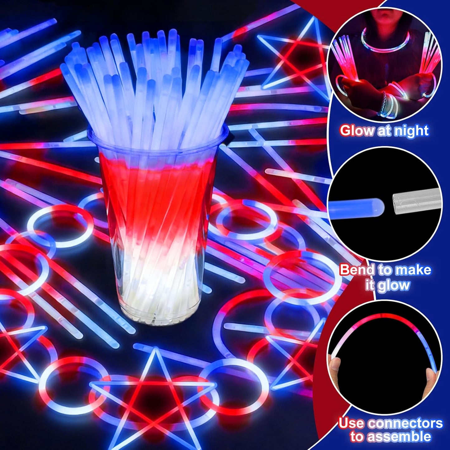 100 Pcs 4th of July Party Favors Glow Sticks with Connectors,Patriotic Glow Stick Red White Blue 3 in 1 Glow Bracelets and Necklaces 4th of July Accessories for Independence Day 250th Anniversary