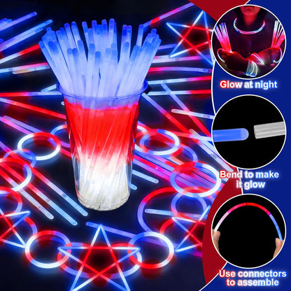 100 Pcs 4th of July Party Favors Glow Sticks with Connectors,Patriotic Glow Stick Red White Blue 3 in 1 Glow Bracelets and Necklaces 4th of July Accessories for Independence Day 250th Anniversary