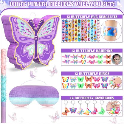 Pasimy 51 Pcs Butterfly Piñata Set Butterfly Birthday Party Supplies Piñata with Stick Blindfold Sticker Hairpin Ring Slap Bracelet Keychain Party Favors for Family Game Decoration(Pink)