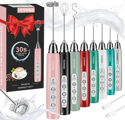 YUSWKO Black Handheld Milk Frother Wand for Coffee, Rechargeable Electric Whisk with 3 Heads 3 Speeds Drink Mixer Coffee Frother For Latte, Cappuccino, Hot Chocolate, Egg