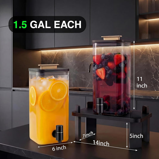 2 PCS 3 Gallon Drink dispenser, Glass Beverage Dispenser With Wood Stand, Large Water Drink Dispensers For Spa, for bars, office waiting room beverage dispenser modern Black