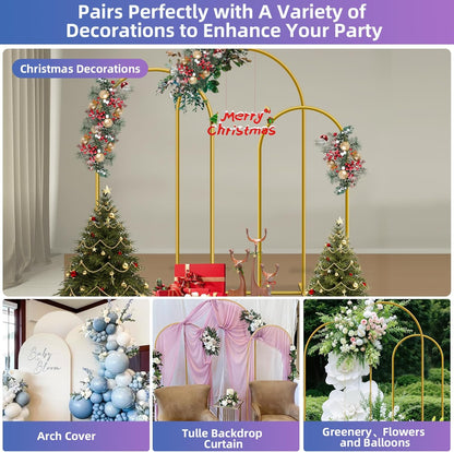 Hemmotop Metal Arch Backdrop Stand Set of 3, 6FT, 5FT, 4FT Party Arch Stands for Wedding, Birthday, Baby Shower, Bridal Shower - Balloon Arched Frame for Garden Decor, Gold Floral Arches, 3 Pieces