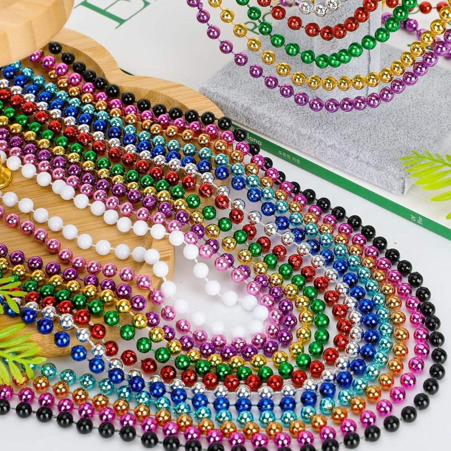 EOBOH 144PCS Mardi Gras Beads, Metallic 12 Kinds Bead Necklace Party Supplies, 33" Mardi Gras Necklace Costume Stuff, Festival Parade Throw Accessories for Wedding Birthday Celebrations Decorations