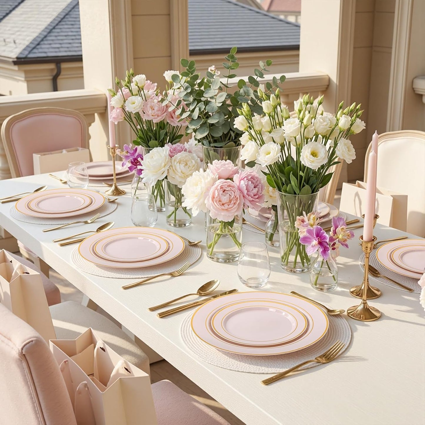 350 Pieces Black and Gold Plastic Plates with Disposable Silverware, Include 50 Dinner Plates 9”, 50 Dessert Plates 6.3”, 50 Black Cups 9 OZ, 50 Pre Rolled Napkins for Wedding Party Graduation