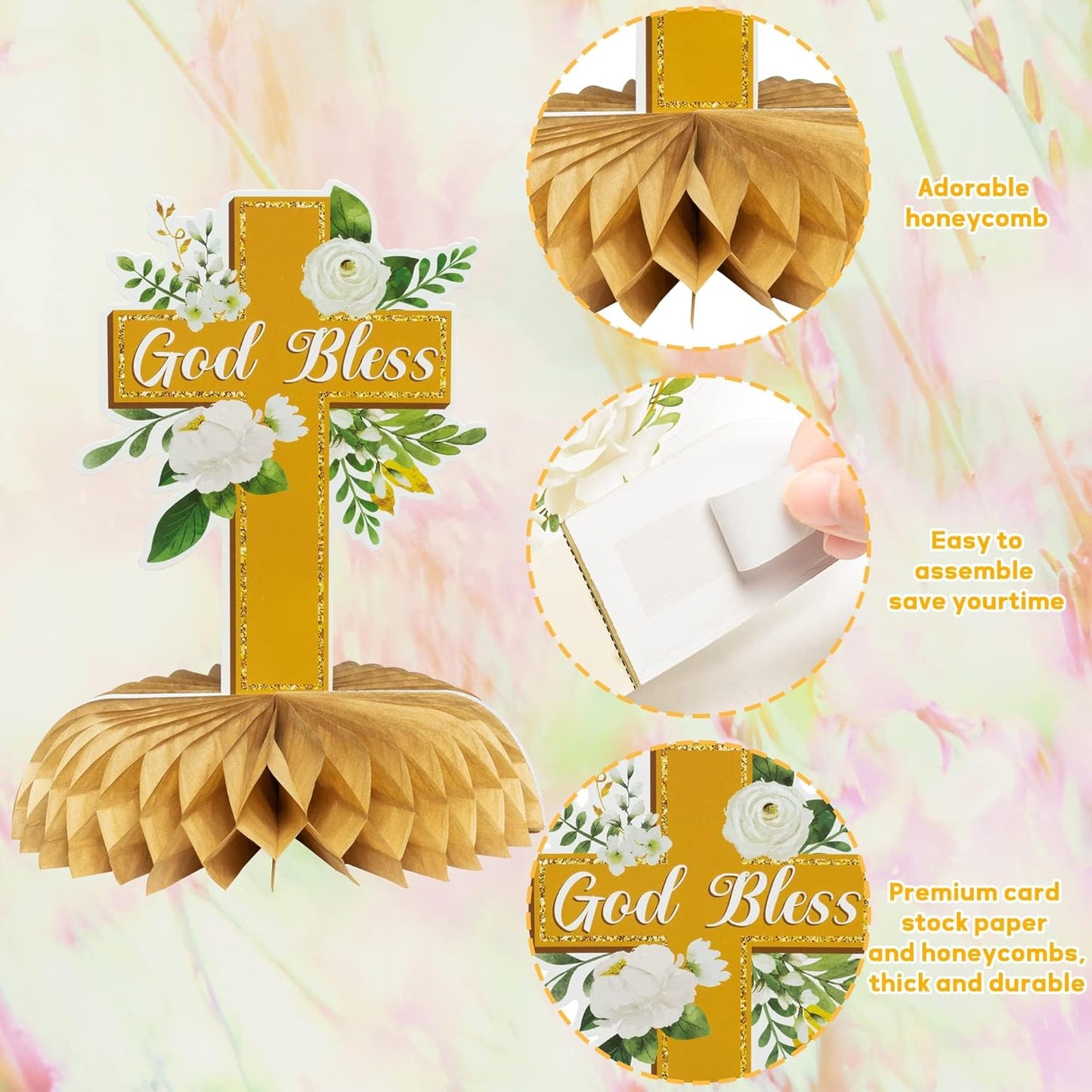 ANGOLIO White Gold Floral Honeycomb Centerpieces - 12Pcs Cross Rose Greenery God Bless Baptism Party Decoration Baby Shower First Communion Birthday Party Supplies for Boy Girl 3D Wedding Table Topper