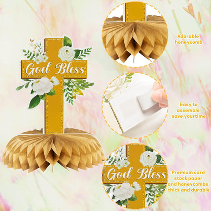 ANGOLIO White Gold Floral Honeycomb Centerpieces - 12Pcs Cross Rose Greenery God Bless Baptism Party Decoration Baby Shower First Communion Birthday Party Supplies for Boy Girl 3D Wedding Table Topper