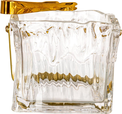 Creative Co-Op 24-Ounce Textured Glass Ice Bucket with Gold Finish Handle and Tongs, Clear/Gold