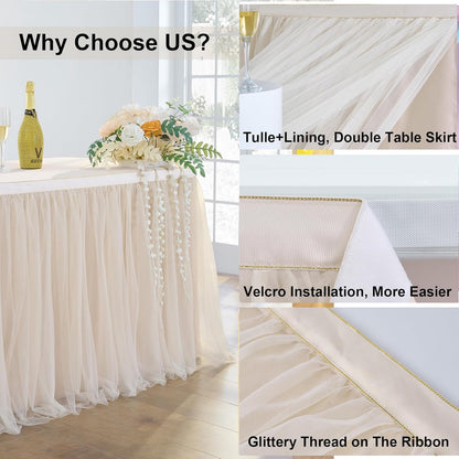 72inch Champagne Gold Tulle Table Skirts for Rectangle Round Tables, Gold Grim Ruffle Tulle Tutu Cloth Table Skirt 6ft for Wedding Birthday Party Cake Dessert Decor(No Top Cover)