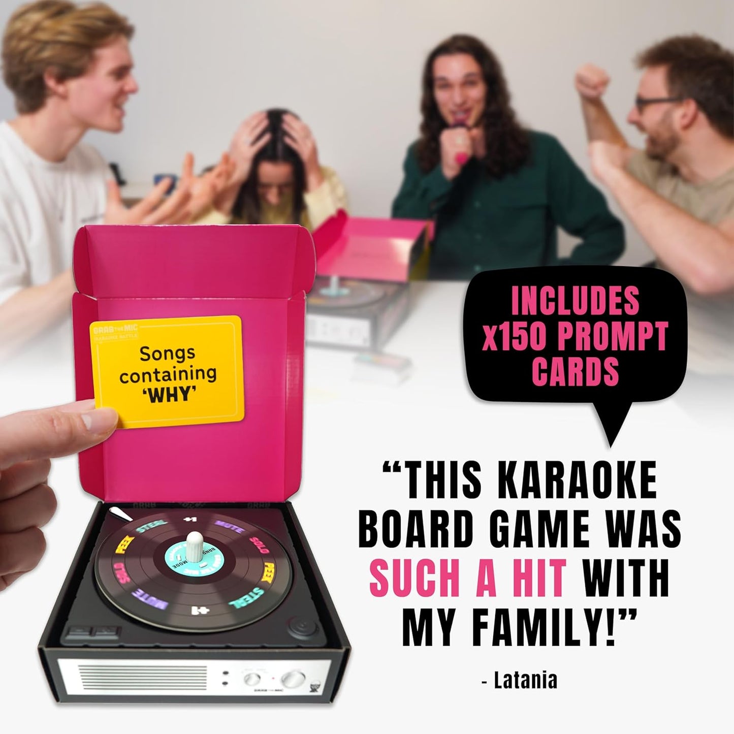 Lucky Egg Official Grab The Mic – Family Karaoke Board Game w/Foam Mic, 8+ Ages, 2-10 Players - Games for Bad Singers w/ 230 Lyrics (115 Cards)