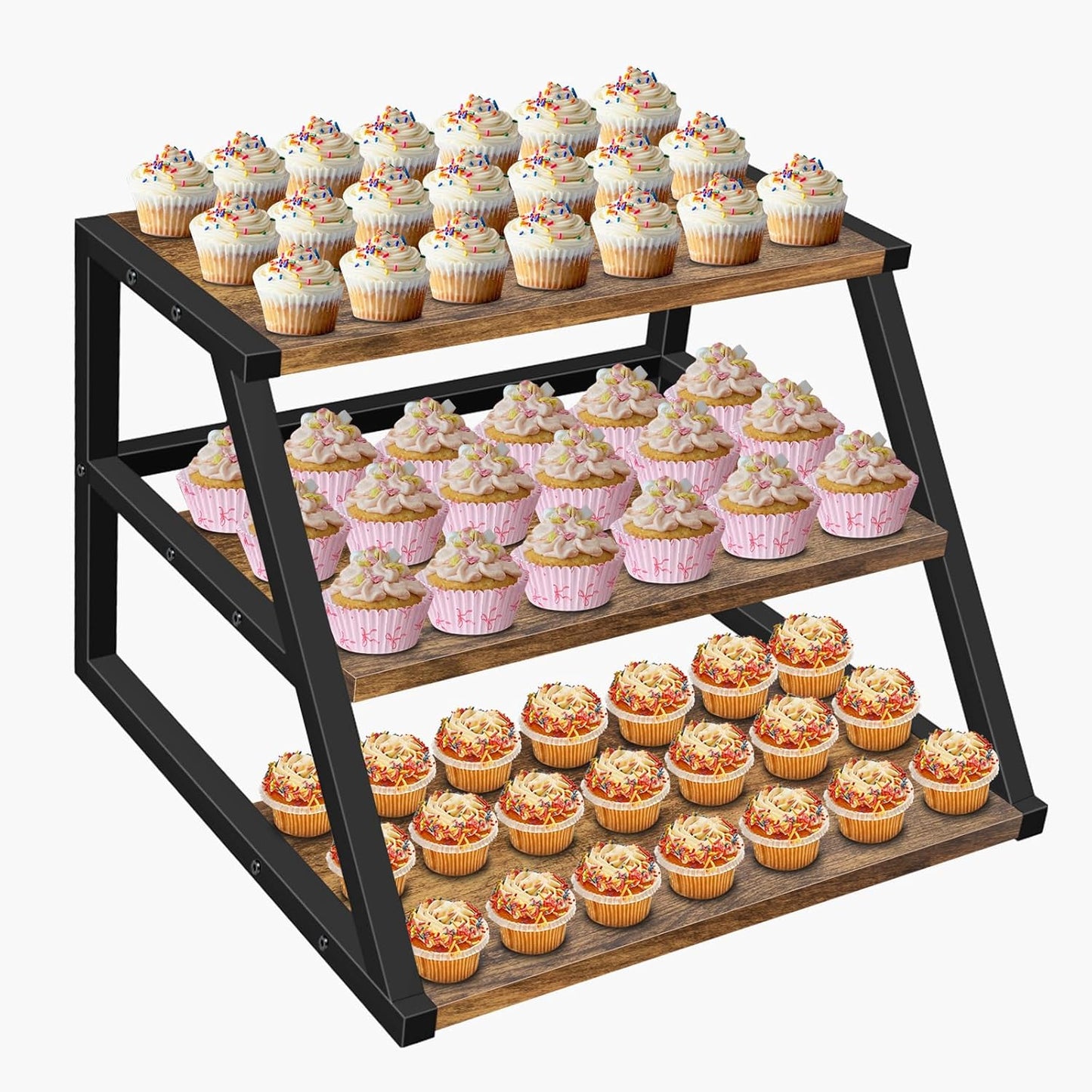 Cupcake Stand, 3 Tier Large Cupcake Stand Rustic Stepped Cupcake Display Stand Square Wood Dessert Table Display Set Cupcake Tower Tiered Tray Stand for Wedding Birthday Graduation