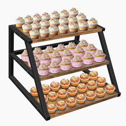Cupcake Stand, 3 Tier Large Cupcake Stand Rustic Stepped Cupcake Display Stand Square Wood Dessert Table Display Set Cupcake Tower Tiered Tray Stand for Wedding Birthday Graduation