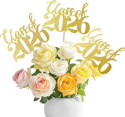 Ohuimrt Class of 2026 Graduation Decorations, 12 PCS Gold Graduation Centerpieces Sticks Double-Sided Table Toppers for Grad Party Decoration