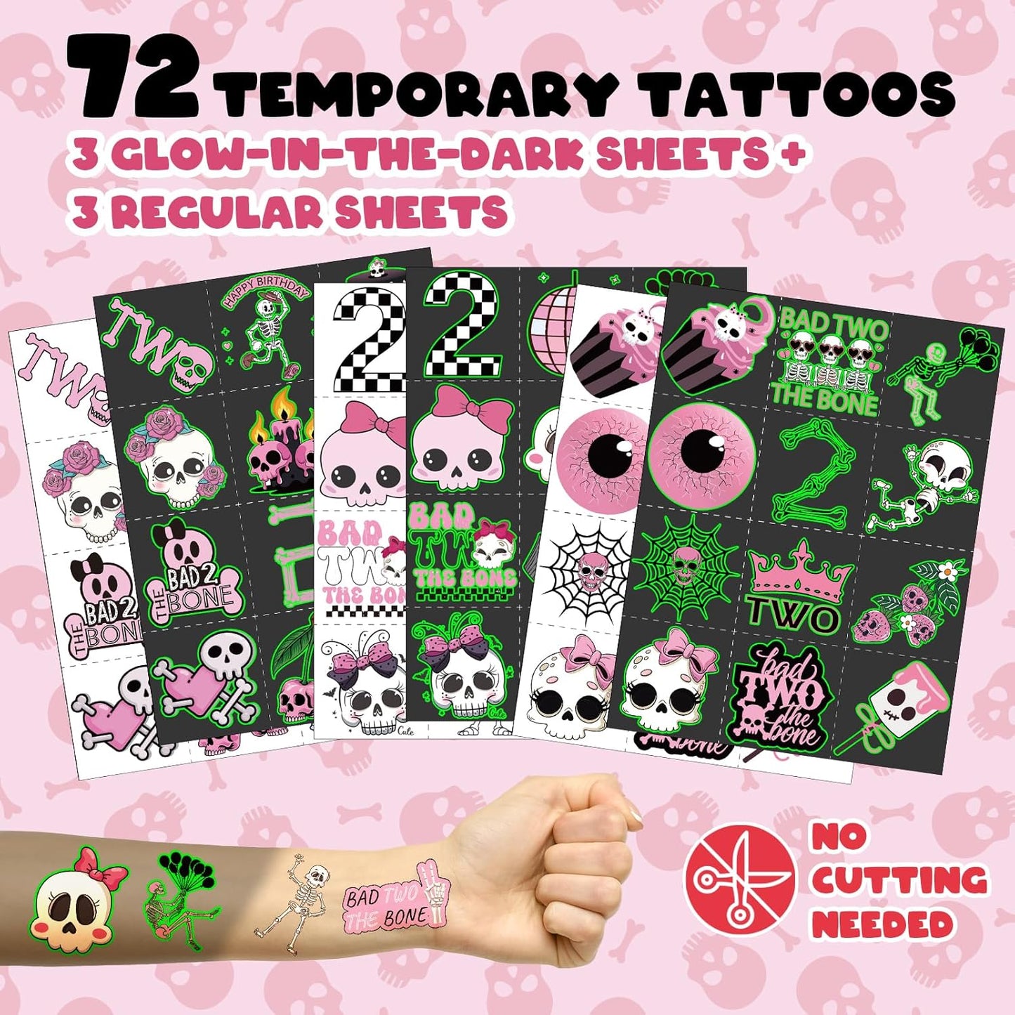 96 PCS Bad Two the Bone Party Favors Set – 72 Pre-Cut Temporary Tattoos & 24 Rock-Inspired Slap Bracelets for Kids, Perfect for Punk Birthday Parties & Classroom Rewards