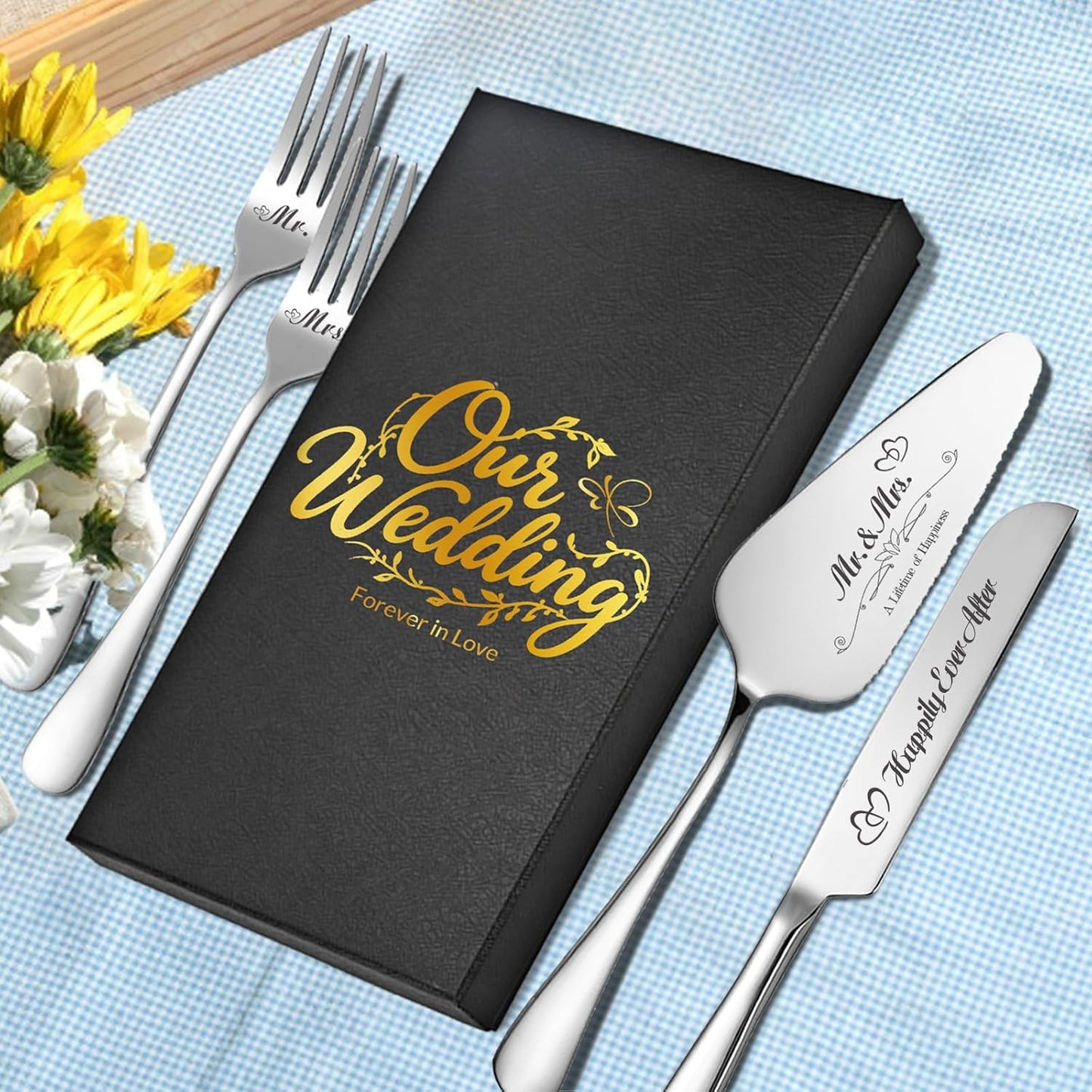 Personalized Wedding Cake Knife and Server Set, Wedding Gold Cake Cutting Set with Stainless Steel Forks, Customized Bridal Anniversary Birthday Wedding Registry Gifts for Couple (Non-customized)
