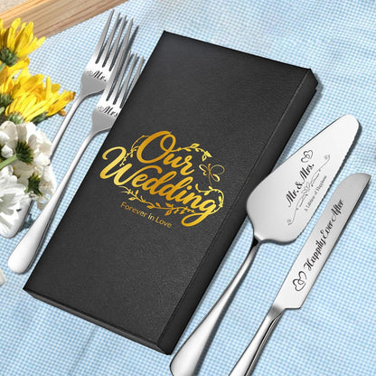 Personalized Wedding Cake Knife and Server Set, Wedding Gold Cake Cutting Set with Stainless Steel Forks, Customized Bridal Anniversary Birthday Wedding Registry Gifts for Couple (Non-customized)