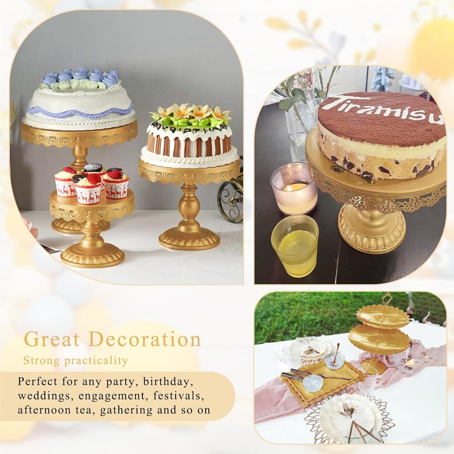 Set of 9 Cake Stands Metal Cupcake Stand Set Multiple Styles Candy Fruit Display Tower Dessert Plate Cake Serving Tray for Birthday Party Wedding Anniversary Baby Shower Engagement (Gold)