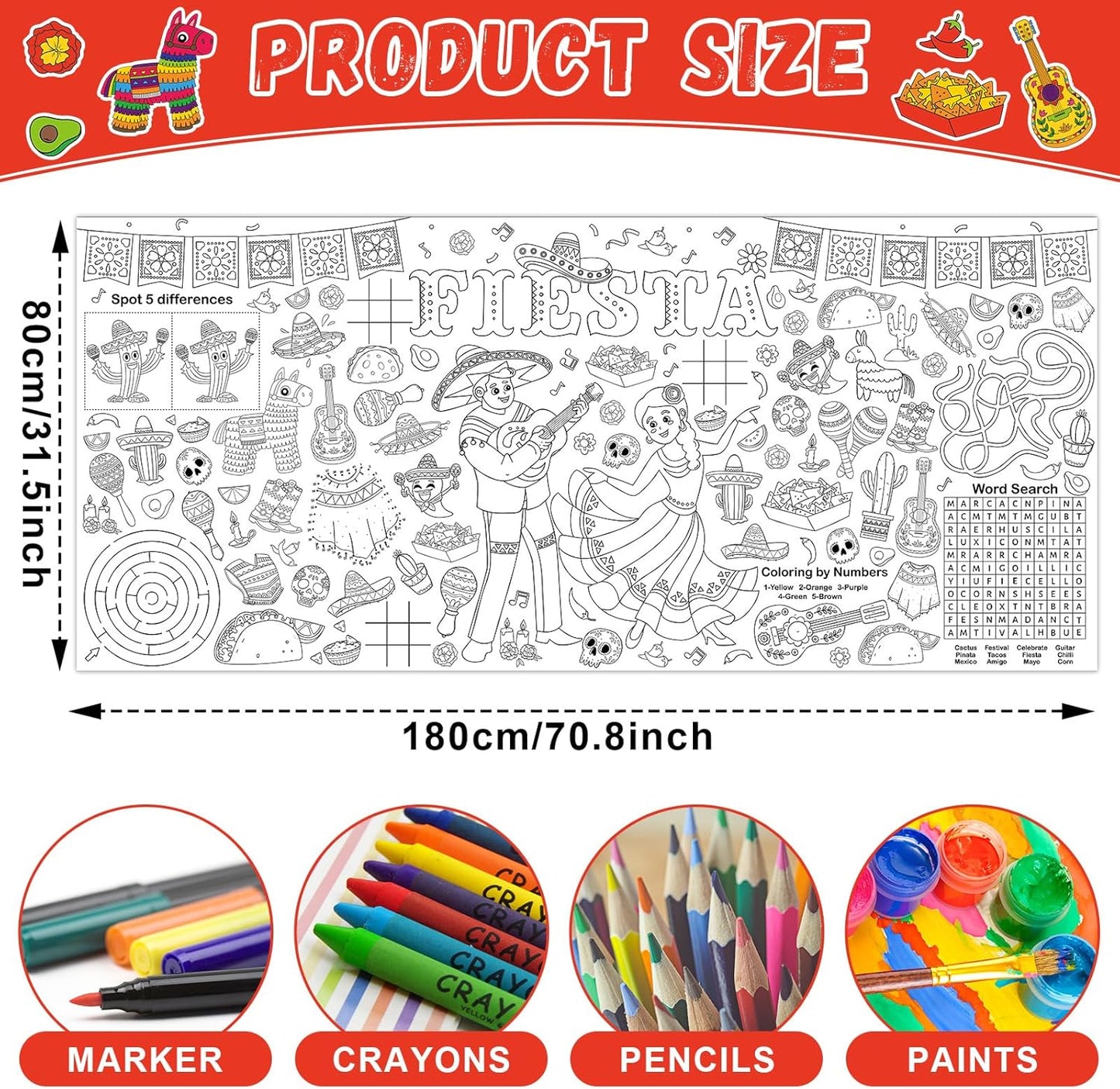 Mexican Fiesta Giant Coloring Poster Large Fiesta Coloring Tablecloth DIY Mexican-Themed Game Poster Drawing Banner Table Cover Art Craft for School Home Classroom Party Activity Supplies