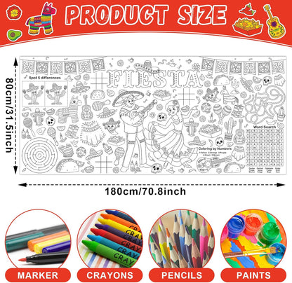 Mexican Fiesta Giant Coloring Poster Large Fiesta Coloring Tablecloth DIY Mexican-Themed Game Poster Drawing Banner Table Cover Art Craft for School Home Classroom Party Activity Supplies