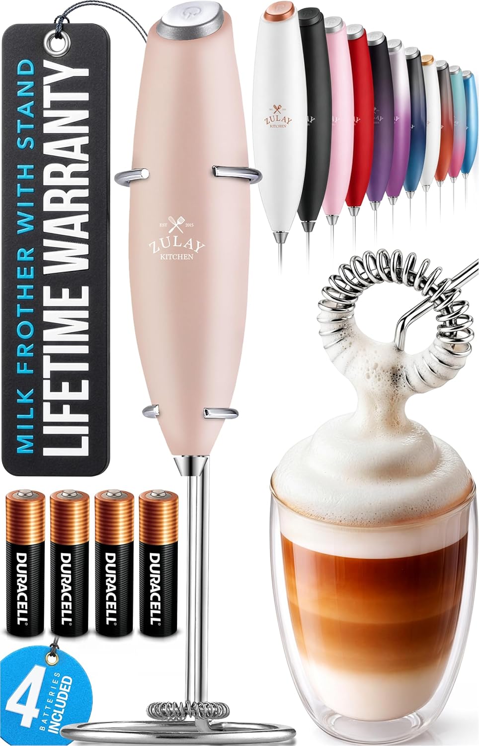 Zulay Kitchen Powerful Milk Frother Wand With Duracell Batteries - Ultra Fast Handheld Drink Mixer - Electric Whisk Foam Maker for Coffee, Lattes, Cappuccino & Matcha - Z1 Motor - Black - Colors D