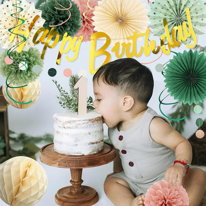 Sage Green and Pink Gold Birthday Party Decorations Kits with Happy Birthday Banner,Circle Dots Garland, Flower Pom poms,Honeycom Ball,Paper Fan,Swirls Hanging for Women Girls Decor Supplies