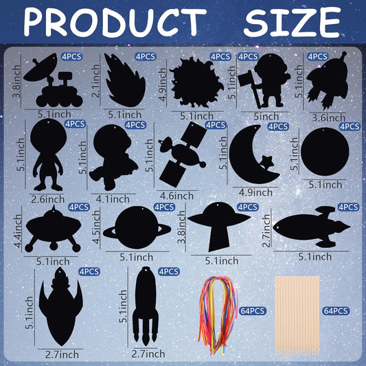 64 Set Space Theme Scratch Paper Rainbow Outer Space Scratch Cards DIY Rocket Scratch Paper Craft Art Cards Kits with Wood Stylus Ribbon for Home School Decor Christmas Birthday Space Party Favors