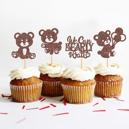 36Pcs Blue Baby Bear Cupcake Toppers Balloon Teddy Bears Cupcake Picks for Blue Baby Shower Gender Reveal Boys Bearly Birthday Cupcake Decorations We Can Bearly Wait Party Decorations Supplies