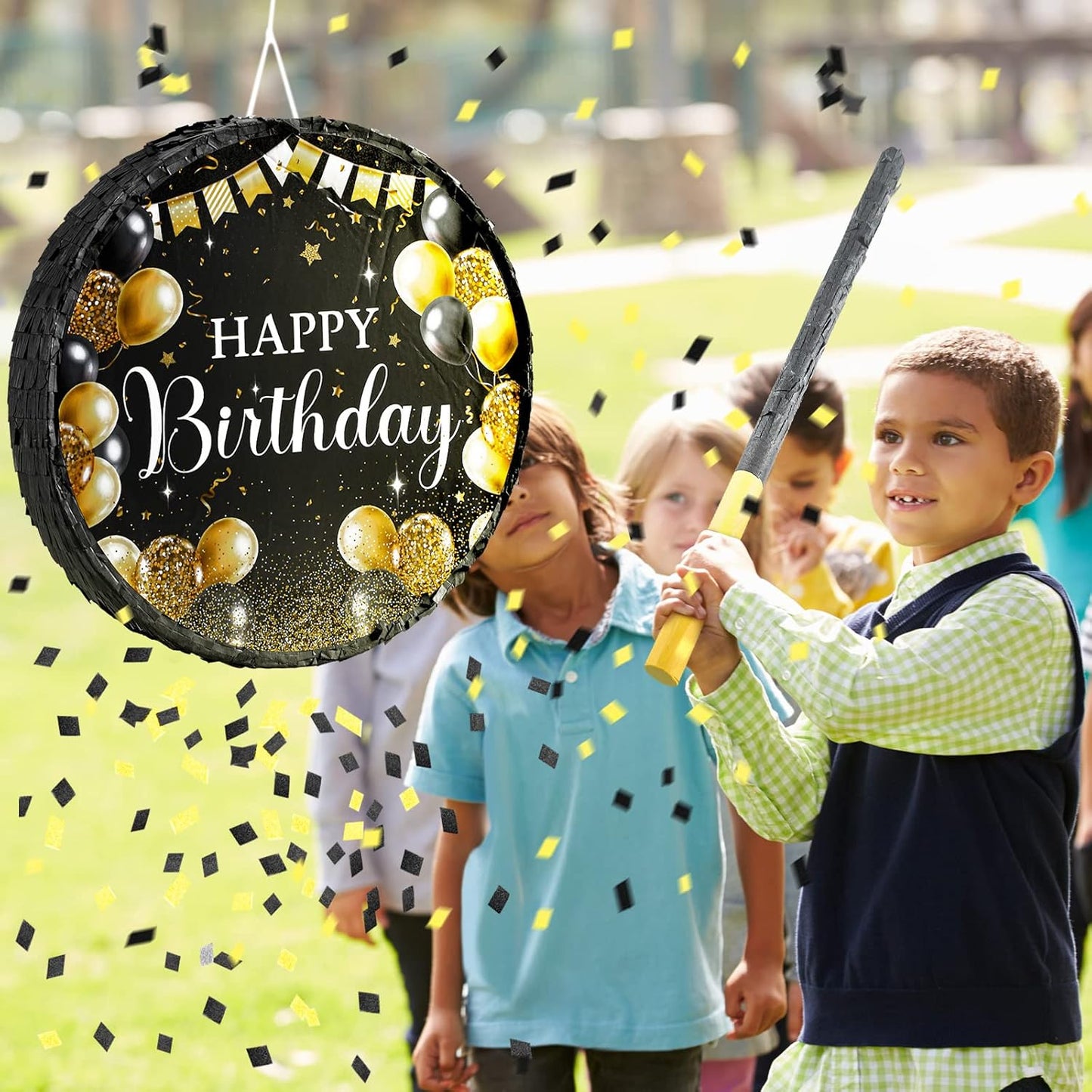 Sinmoe Birthday Piñata with Stick Blindfold and Confetti Large Piñata for Adult Men Women Birthday Party Supplies Decoration Wedding Anniversary(Black and Gold)
