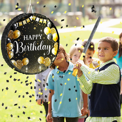 Sinmoe Birthday Piñata with Stick Blindfold and Confetti Large Piñata for Adult Men Women Birthday Party Supplies Decoration Wedding Anniversary(Black and Gold)