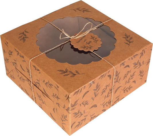 Kraft Cake Boxes with Window (10pcs) - Brown Bakery Boxes for Cakes, Donuts, Pie, Cookies, Cupcakes, Chocolates, Desserts: Size 10x10x5 Inches