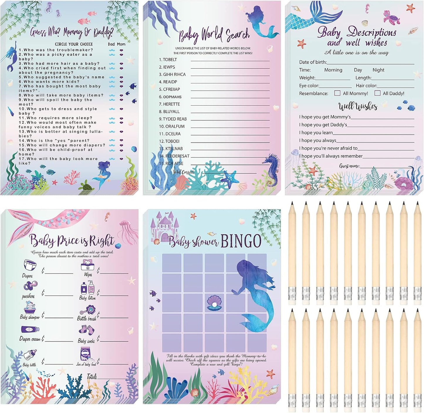 Yinder 145 Pcs Baby Shower Games Activities Cards with 20 Pencils Includes Baby Bingo Description and Wishes Guess Who Price is Right Word Scramble Game(Here Comes the Son)