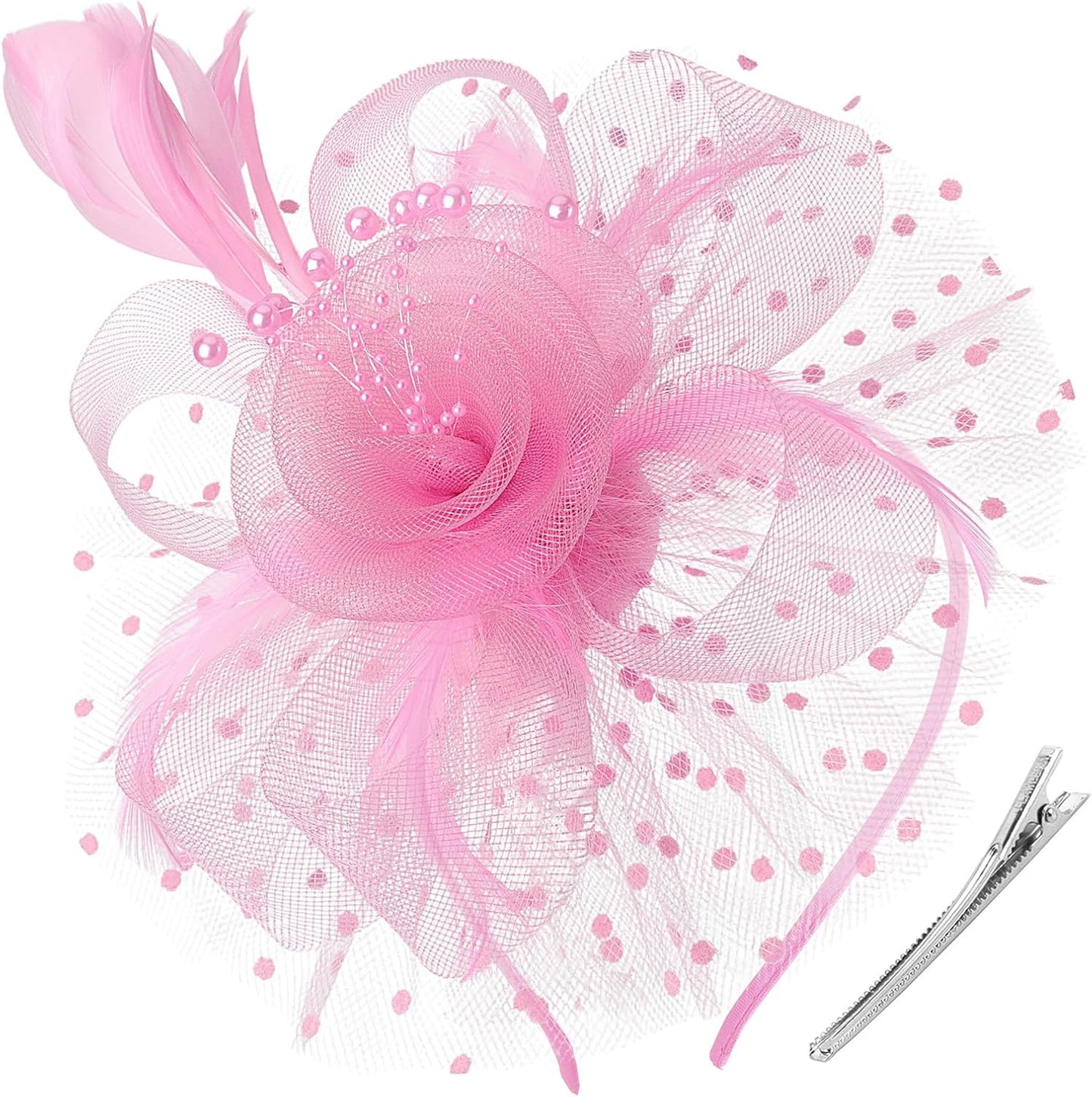 DRESHOW Fascinators Hat Flower Mesh Ribbons Feathers on a Headband and a Clip Tea Party Headwear for Girls and Women - Colors B