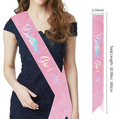 CIEHER Birthday Girl Crown and Sash - Rose Gold Tiara Birthday Decorations for Women and Girls