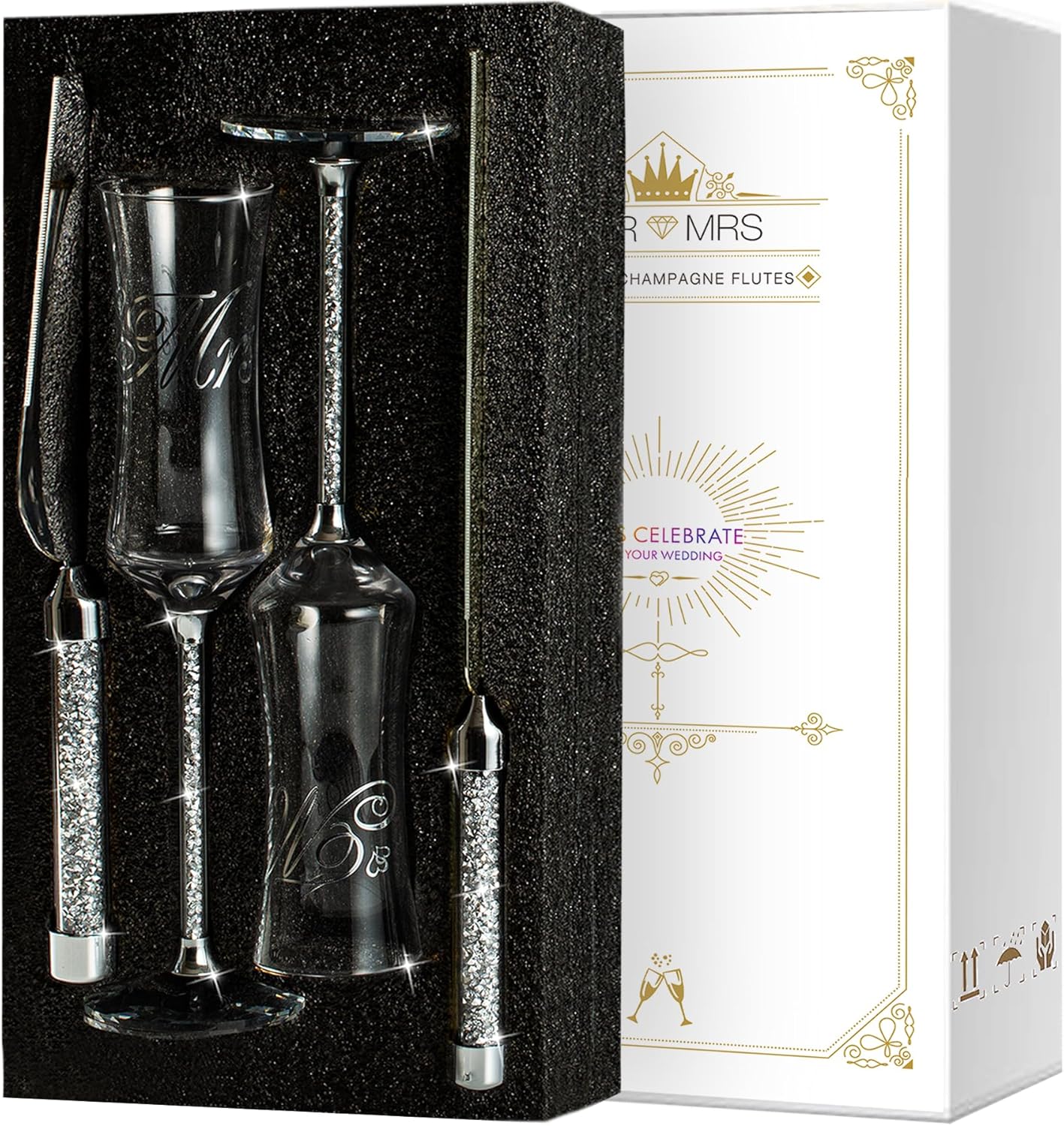 Wedding Cake Knife and Server Set, Wedding Cake Cutting Set with Mr and Champagne Flutes Glasses for Bride and Groom Gifts for Couples