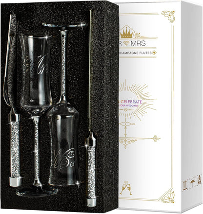 Wedding Cake Knife and Server Set, Wedding Cake Cutting Set with Mr and Champagne Flutes Glasses for Bride and Groom Gifts for Couples