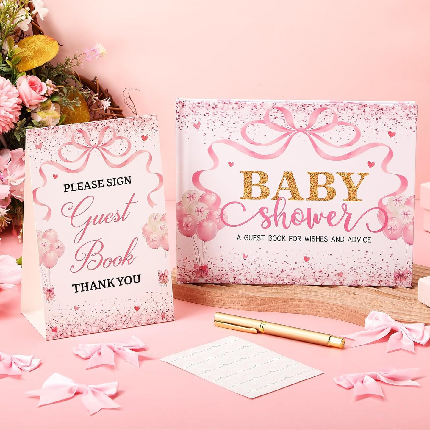 Fuyoooo 27 Pcs Safari Animal Baby Shower Guest Book Set Baby Shower Sign in Guest Floral Book Place Table Cards with Gold Pen Adhesive Photo Corner for Birthday Party