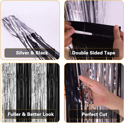 2 Pack 3.2ft x 8.2ft Silver Metallic Tinsel Foil Fringe Curtains, Door Streamer Photo Booth Backdrop for Birthday Graduation Engagement Bridal Shower Bachelorette Baby Shower Party Decorations